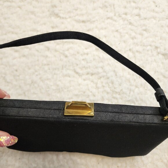 Vintage Black Satin Handbag Clutch Gold Shell Clasp Silk lined Coin Purse - Picture 5 of 10